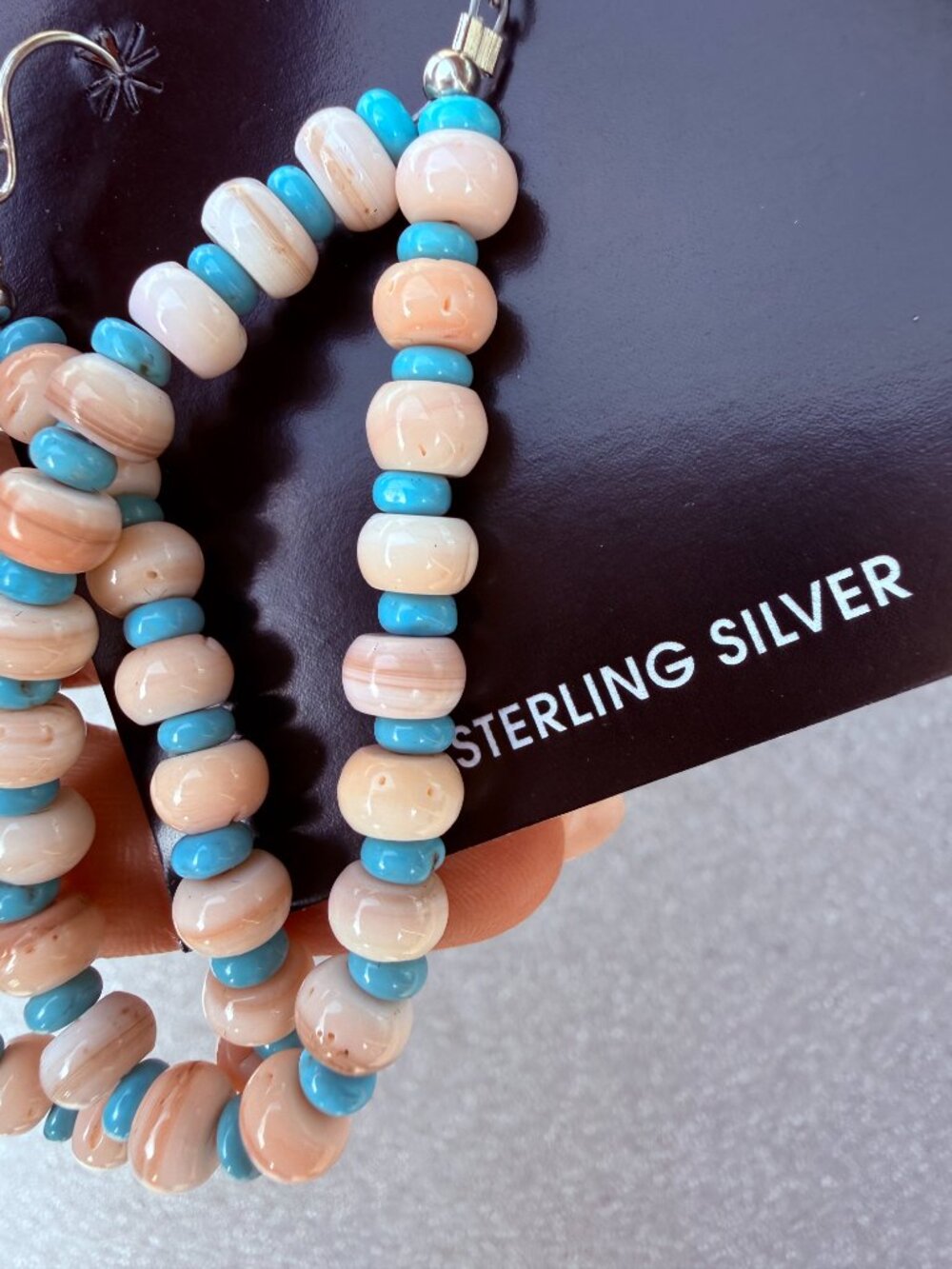 Sterling Silver Pink Conch & Turquoise Beaded Hoop Earrings - Picture 2 of 3